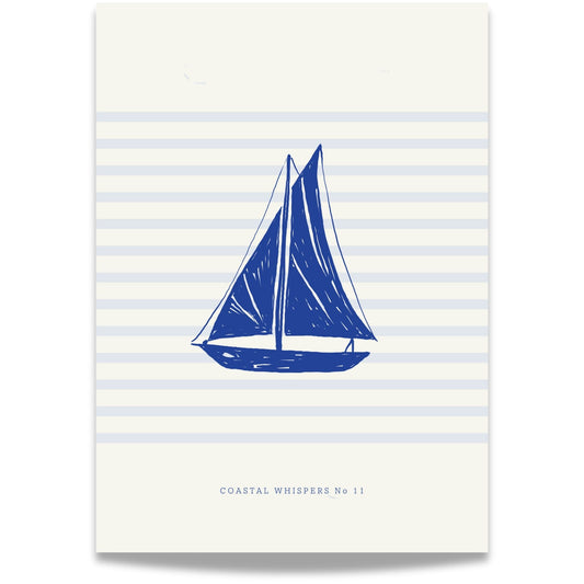 Coastal Whispers No11 – Plakat
En enkel og stilren silhuett av en seilbåt i blått mot horisontale linjer. Perfekt for en minimalistisk og maritim stil. 