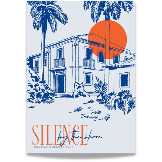 Coastal Whispers No12 – Plakat
Et middelhavsinspirert hus blant palmer, badet i solnedgangens varme oransje med teksten Silence before shore. Et stemningsfullt motiv med poetisk uttrykk. 
