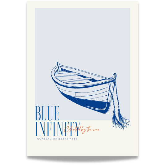 Coastal Whispers No15 – Plakat
En tradisjonell robåt i blå nyanser med teksten Blue Infinity. Et rolig og drømmende motiv for deg som elsker havets uendelighet.  