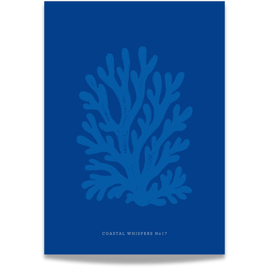 Coastal Whispers No17 – Plakat
Et korallmotiv i dypblå toner mot matchende bakgrunn. Et stilisert og dekorativt design som tilfører ro og dybde.  