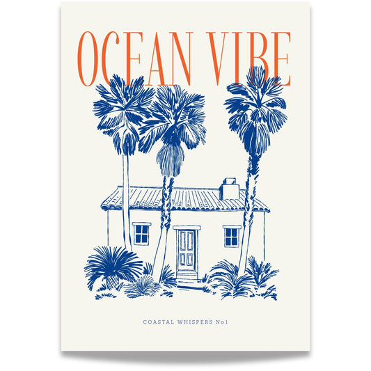 Coastal Whispers No1 - plakat. Et tropisk strandhus omgitt av palmer og vintage typografi med teksten Ocean Vibe. 