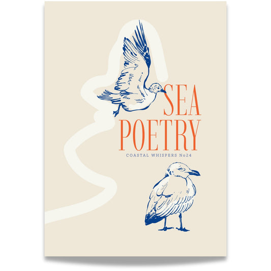 Coastal Whispers No24 – Plakat
En svevende måke og en stående fugl med teksten Sea Poetry. Et luftig og poetisk kystmotiv med elegant komposisjon.  