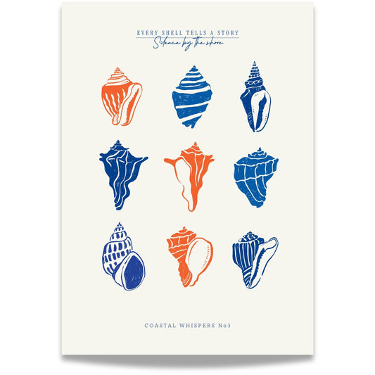 Coastal Whispers No3 – Plakat. Et dekorativt skjellmotiv med ni ulike skjell i korall og marineblått. 