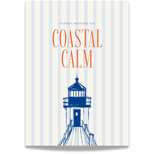Coastal Whispers No9 – Plakat
Et fyrtårn i blått mot stripet bakgrunn med teksten Coastal Calm i korall. Et klassisk og beroligende motiv med kystens ro som fokus. 