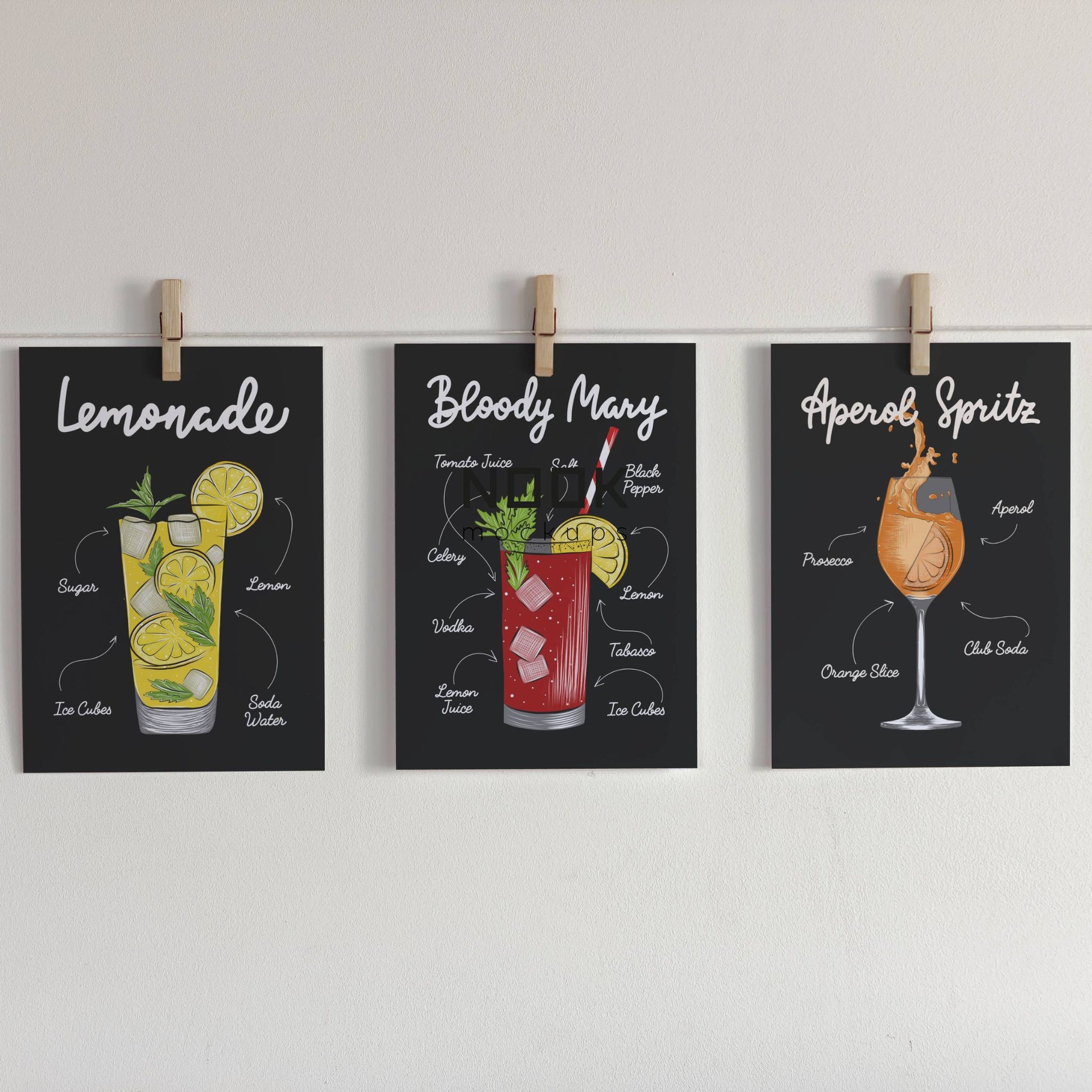 Illustrasjon som viser Lemonade, Bloody Mary og Aperol Spritz Cocktailplakater på mørk bakgrunn som er festet med klyper på en snor.