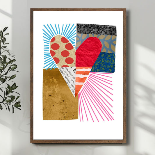 Colorful Heart Collage, en abstrakt plakat som kombinerer levende fargetoner og dristige former i et unikt hjerte-design. Illustrasjon viser plakat i en mørk ramme.