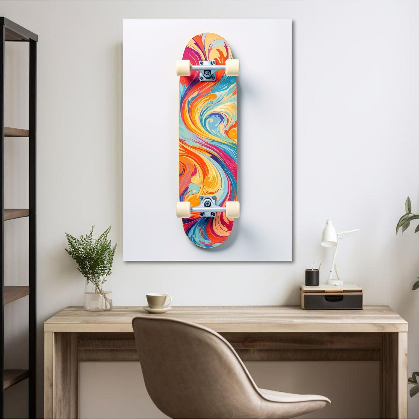 Denne stilfulle plakaten og lerretet bringer moderne kunst til liv med sitt grafiske design. Motivet viser et mønstret skateboard i fengslende fargetoner, mot en lys grå bakgrunn. Illustrasjonsfoto viser motivet på lerret.