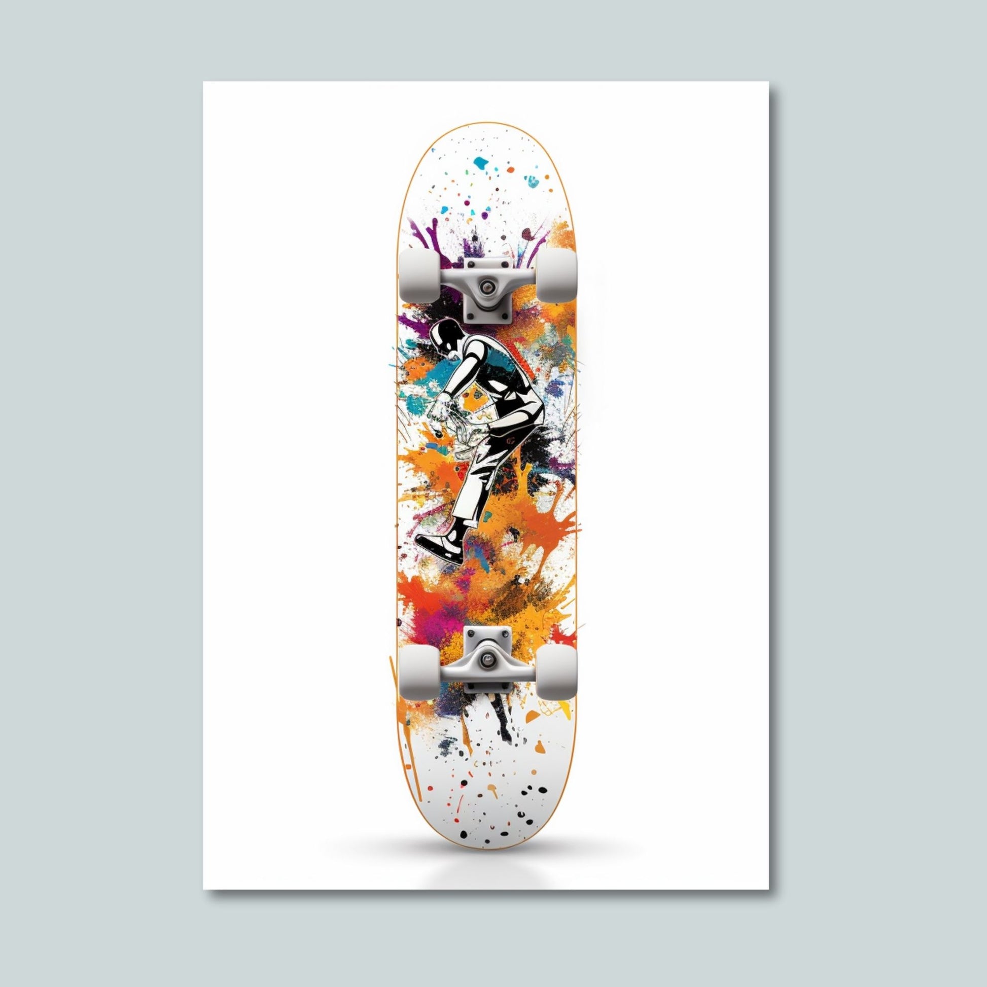 Denne stilfulle plakaten og lerretet bringer moderne kunst til liv med sitt grafiske design. Motivet viser et skateboard med trykk i fengslende fargetoner, mot en lys bakgrunn. Illustrasjonen viser motivet på lerret.