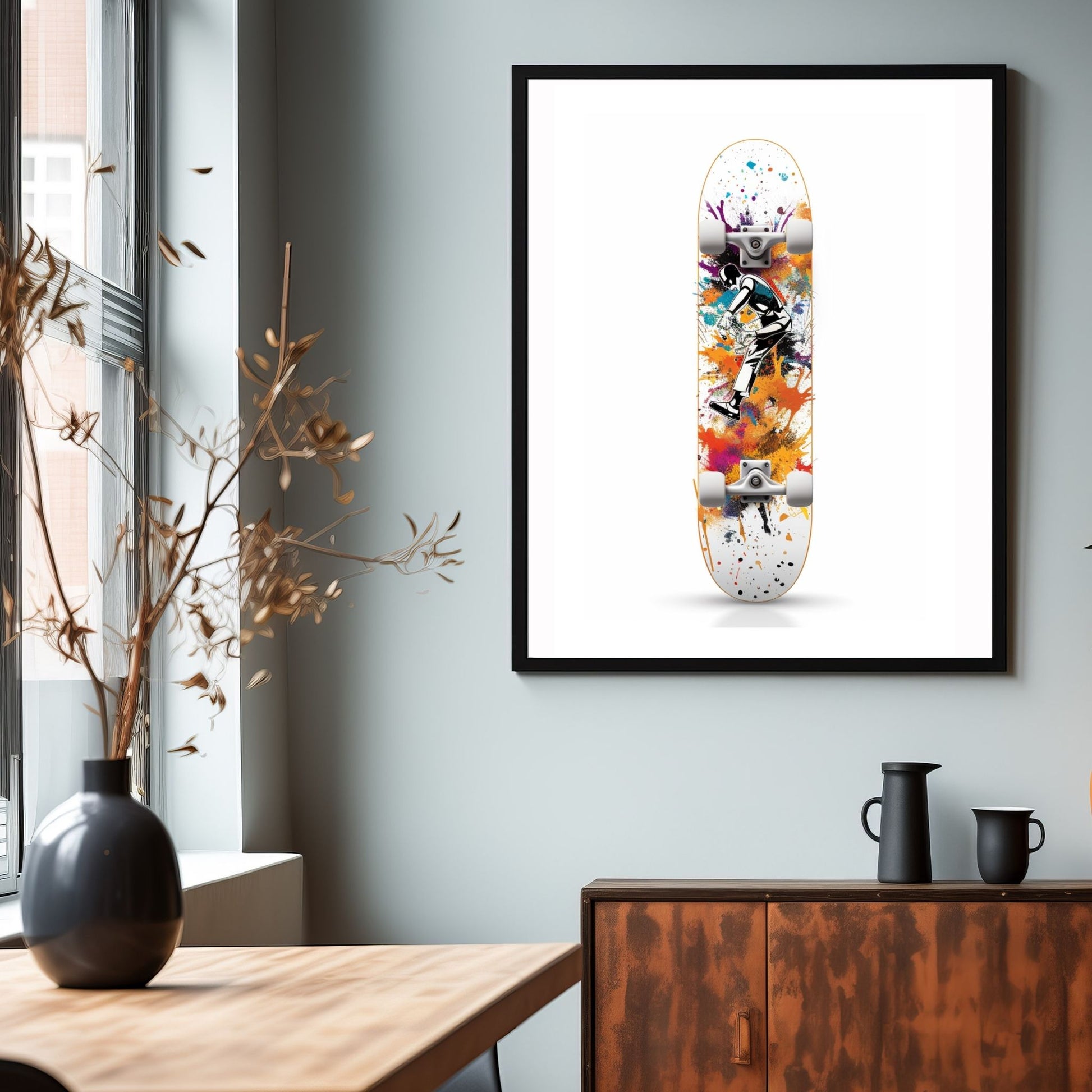 Denne stilfulle plakaten og lerretet bringer moderne kunst til liv med sitt grafiske design. Motivet viser et skateboard med trykk i fengslende fargetoner, mot en lys bakgrunn. Illustrasjonen viser motivet som plakat i svart ramme.