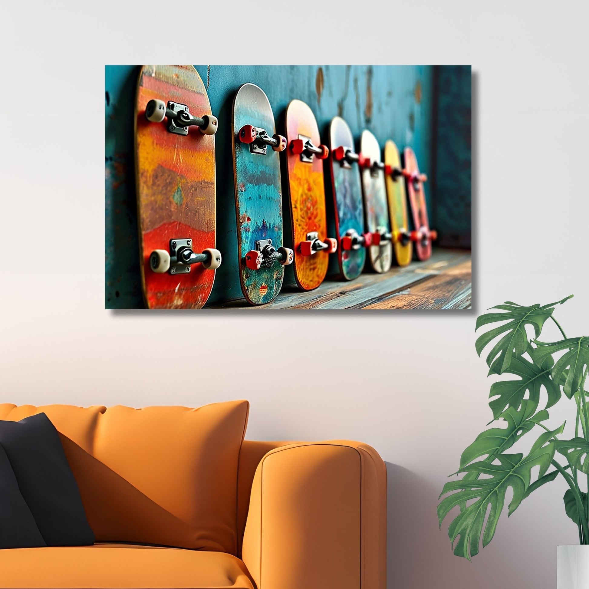 Grafisk kunstverk som viser seks fargerike skateboards støttet opp mot en rustikk, blå vegg. Illustrasjonsfoto viser motivet på lerret.