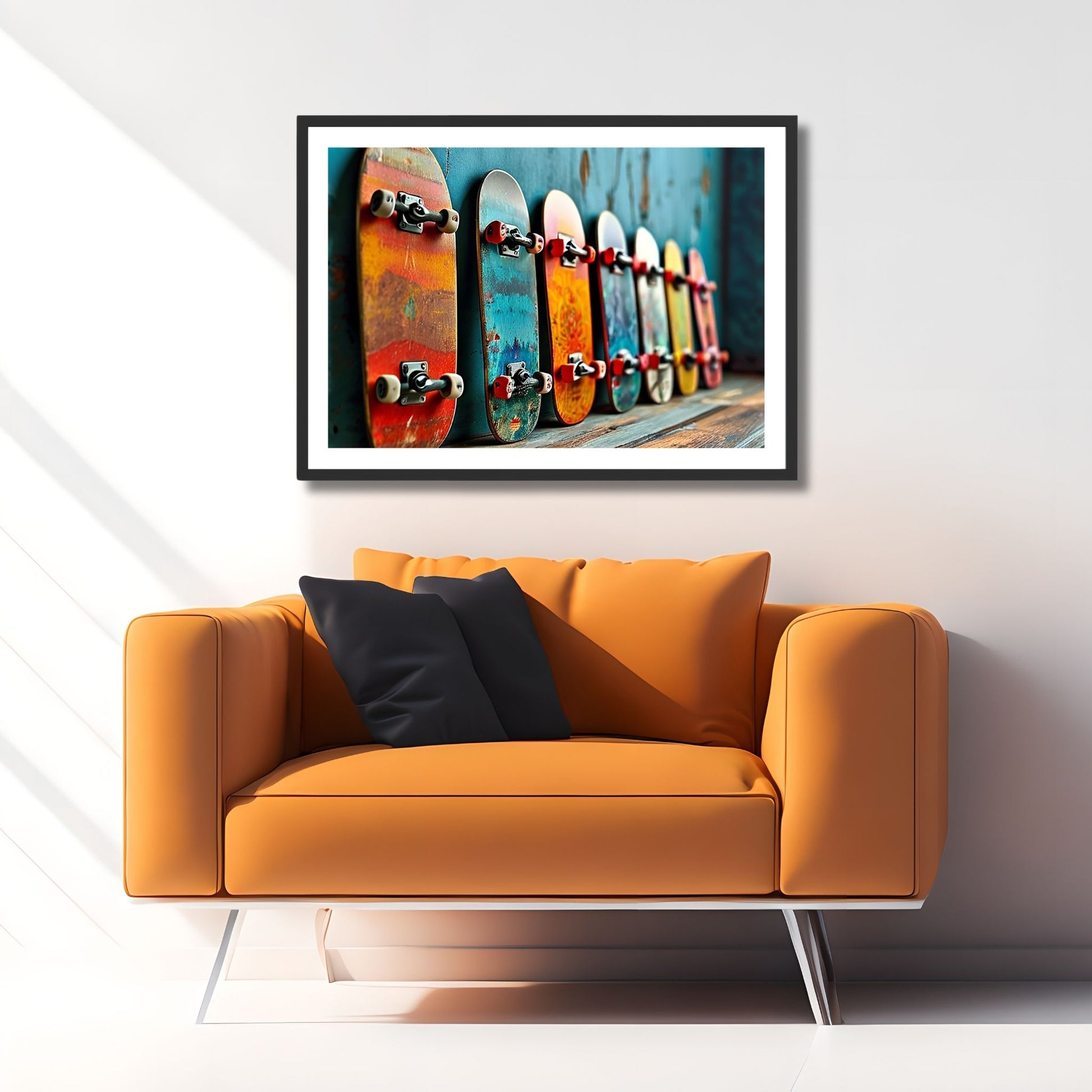 Grafisk kunstverk som viser seks fargerike skateboards støttet opp mot en rustikk, blå vegg. Illustrasjonsfoto viser motivet som plakat i en sort ramme.