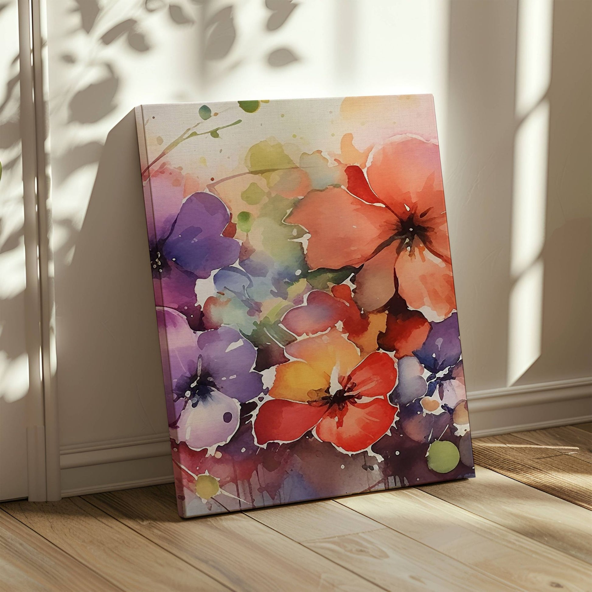 Color Splash Bloom Collection er en eksplosiv og leken blomsterserie i akvarellstil. Illustrasjon viser motiv 2 på lerret. 