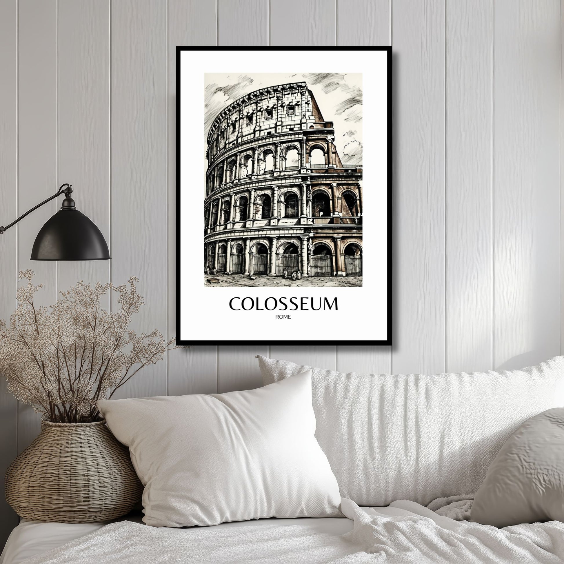 Denne plakaten fanger detaljene og skjønnheten til Colosseum i Roma, et mesterverk fra antikkens arkitektur og kulturhistorie. Illustrasjon viser plakat påført tekst Colosseum, i sort ramme.