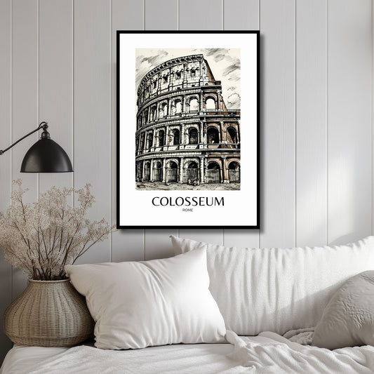 Denne plakaten fanger detaljene og skjønnheten til Colosseum i Roma, et mesterverk fra antikkens arkitektur og kulturhistorie. Illustrasjon viser plakat påført tekst Colosseum, i sort ramme.