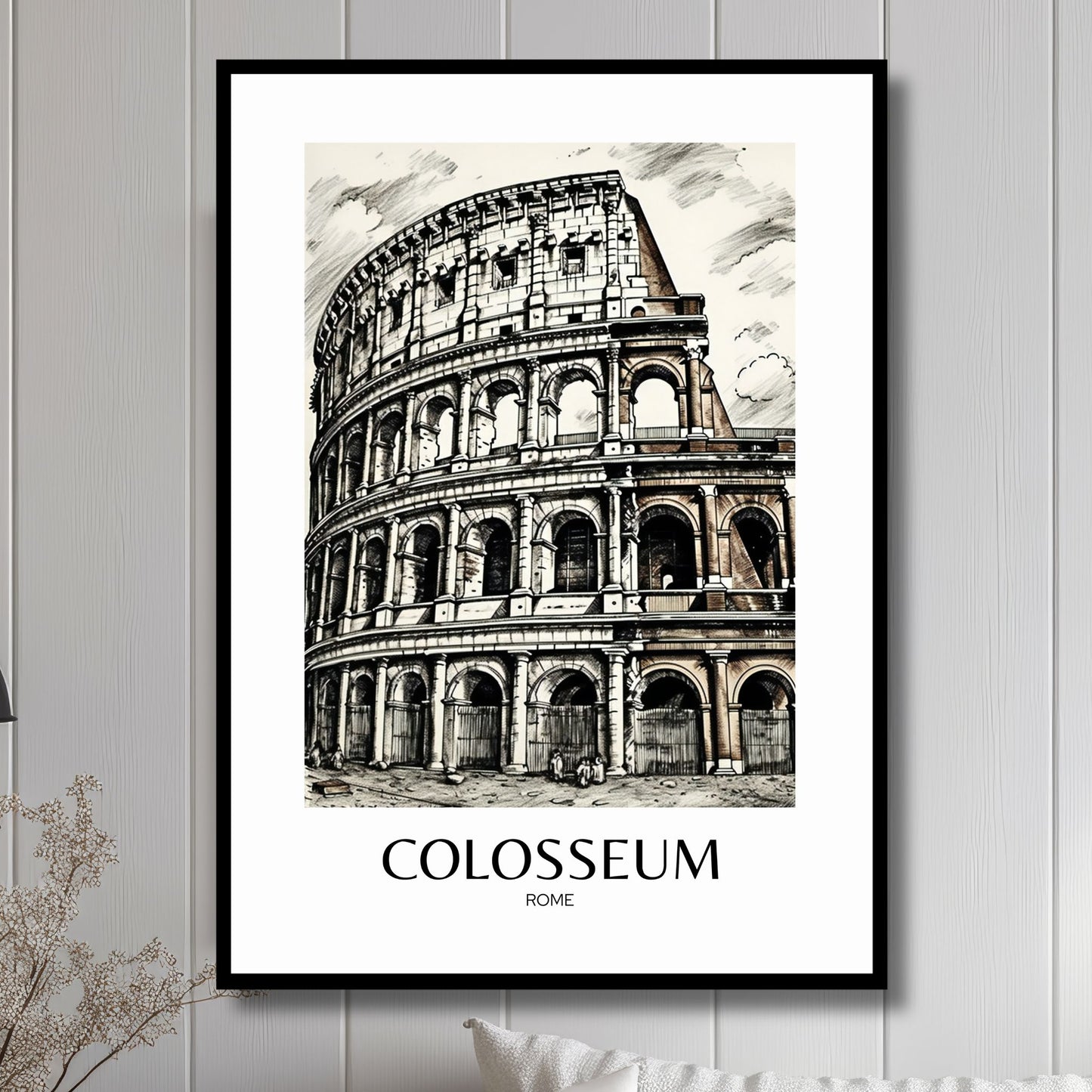 Denne plakaten fanger detaljene og skjønnheten til Colosseum i Roma, et mesterverk fra antikkens arkitektur og kulturhistorie. Illustrasjon viser plakat påført tekt Colosseum, i sort ramme.
