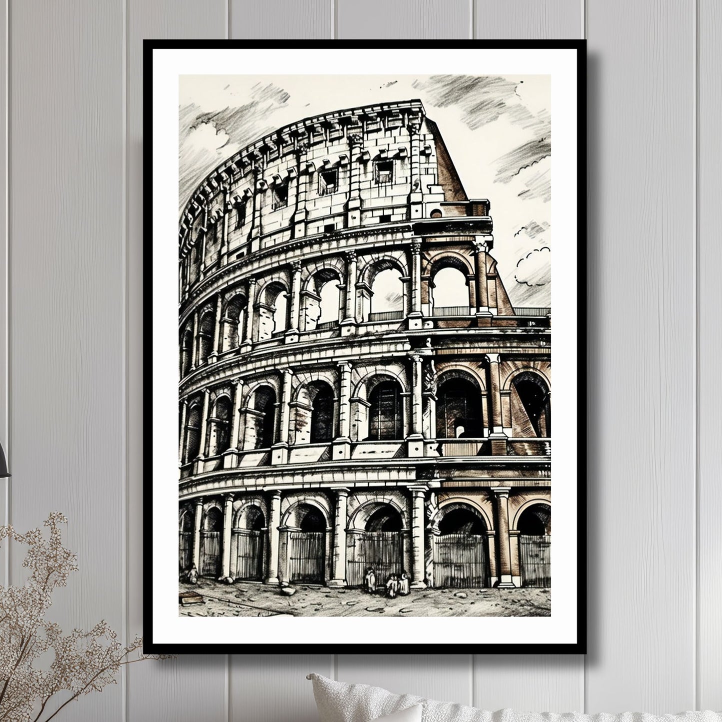 Denne plakaten fanger detaljene og skjønnheten til Colosseum i Roma, et mesterverk fra antikkens arkitektur og kulturhistorie. Illustrasjon viser plakat i sort ramme.