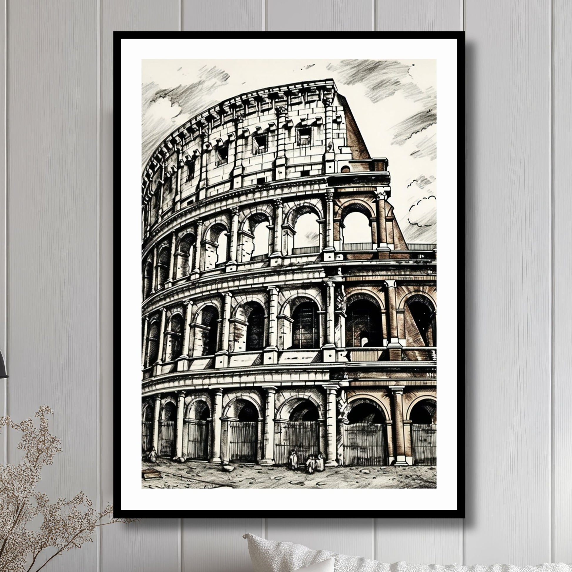 Denne plakaten fanger detaljene og skjønnheten til Colosseum i Roma, et mesterverk fra antikkens arkitektur og kulturhistorie. Illustrasjon viser plakat i sort ramme.