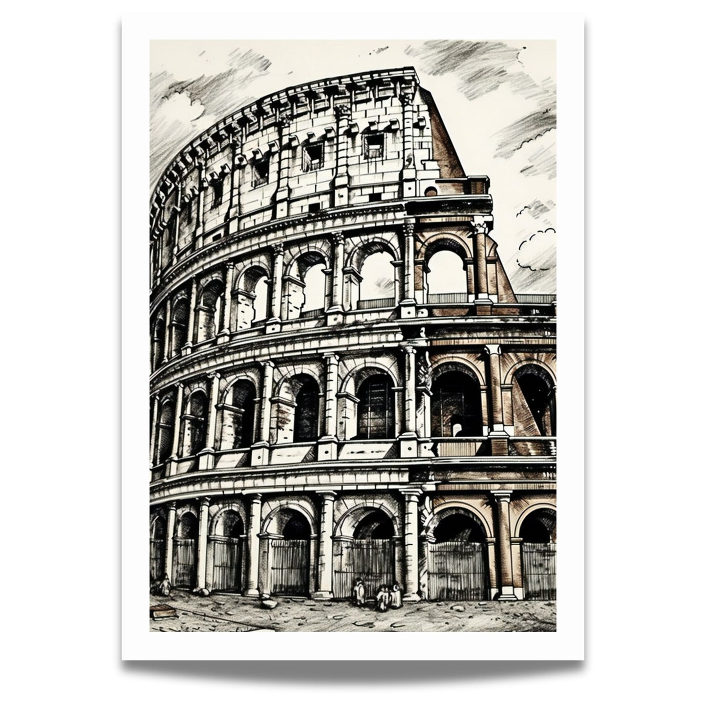 Denne plakaten fanger detaljene og skjønnheten til Colosseum i Roma, et mesterverk fra antikkens arkitektur og kulturhistorie. 