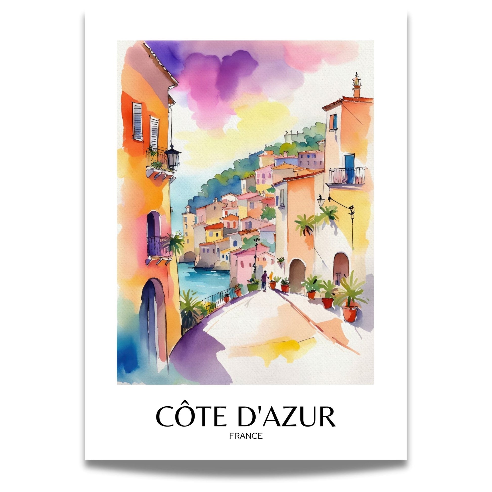 Denne plakaten fanger den fargerike og idylliske atmosfæren fra Côte d'Azur, med vakker kystby, livlige fasader og det krystallklare Middelhavet. Plakat er påført tekst Côte d'Azur.