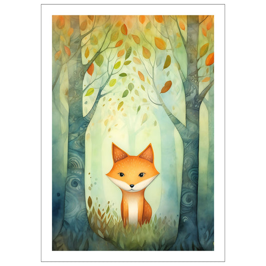 Et grafisk motiv av en liten rev som sitter ute i skogen. Bladene i trærne begynner å få høstfarger. Motivet fås som plakat og på lerret.