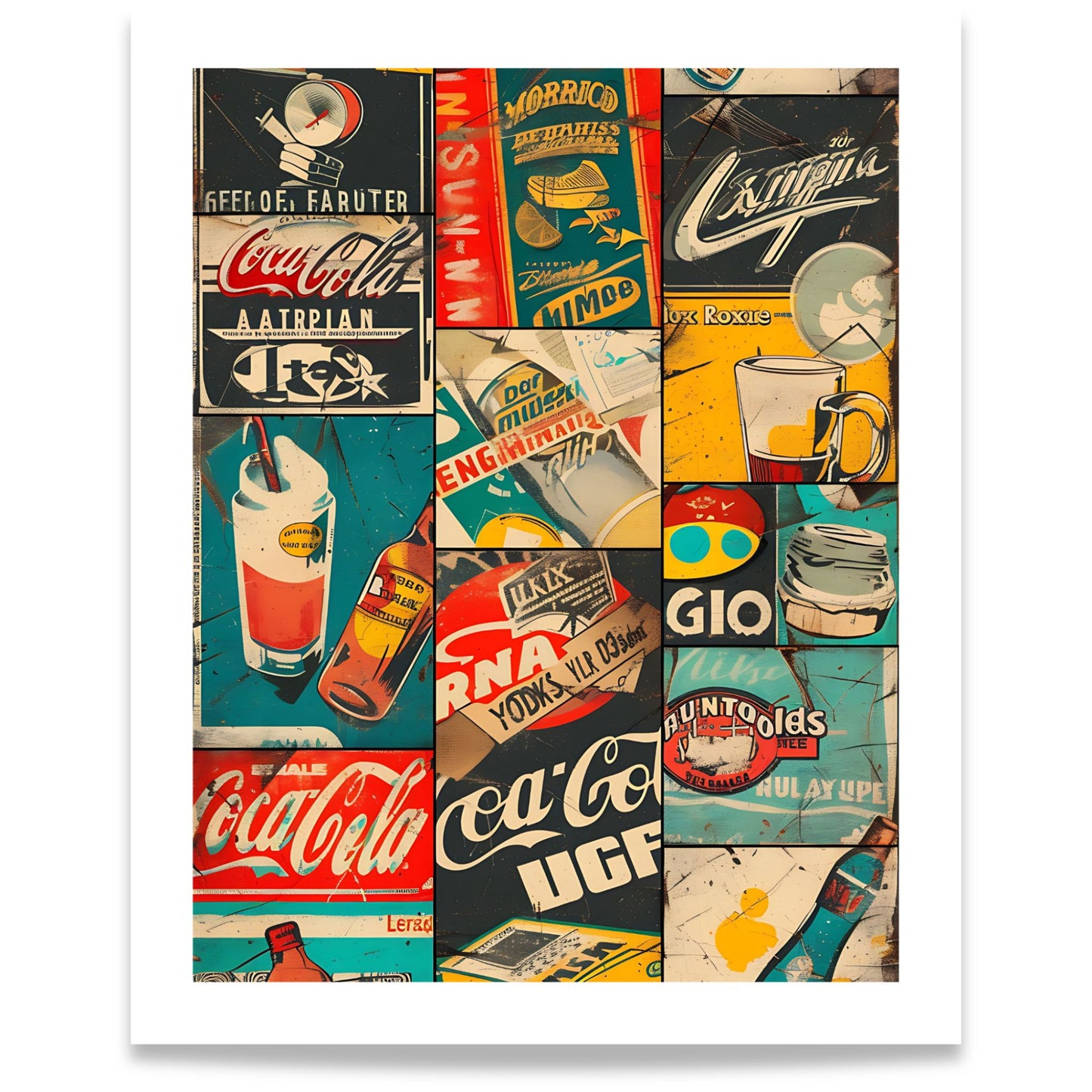 Captivating Collages – Vintage Labels grafisk retroplakat med collage av klassiske etiketter og reklamedesign. Format 40x50