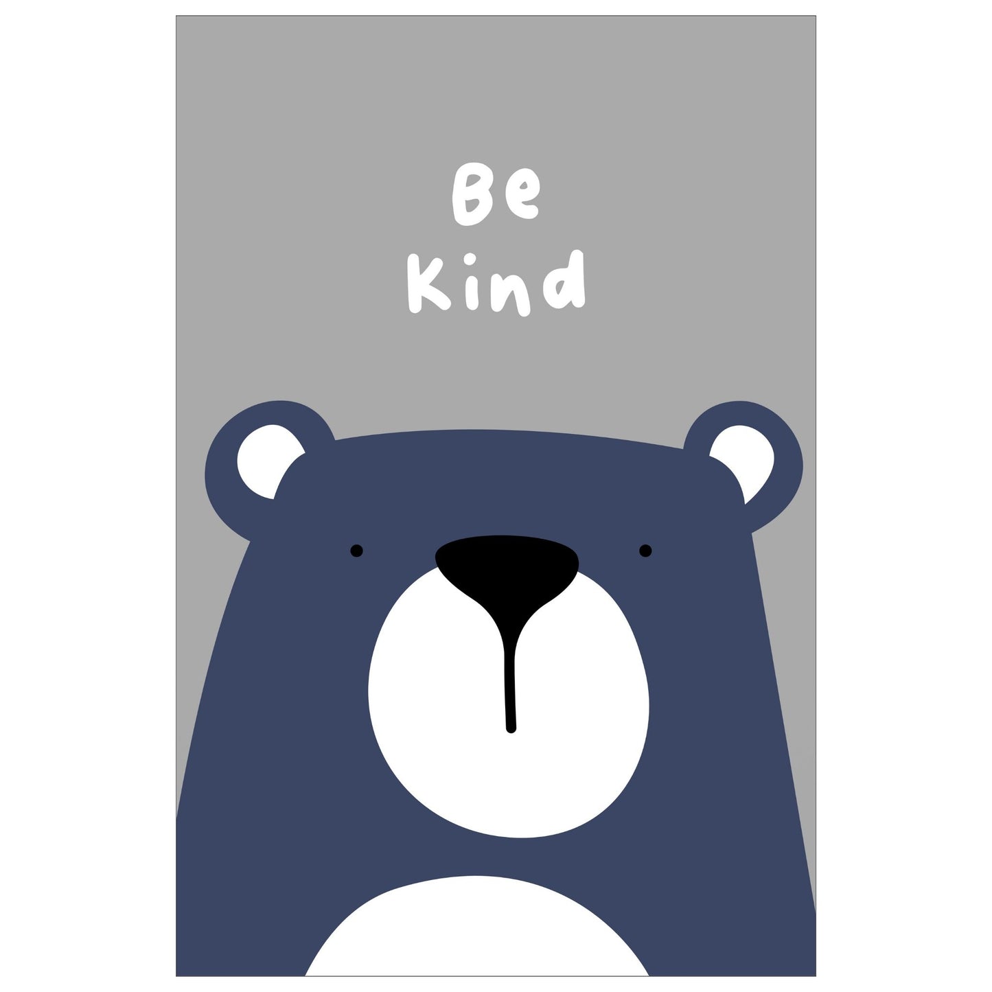 Cartoon Animal. Grafisk plakat for barnerommet. Lilla bjørn på grå bakgrunn. Tekst på plakat "Be kind"
