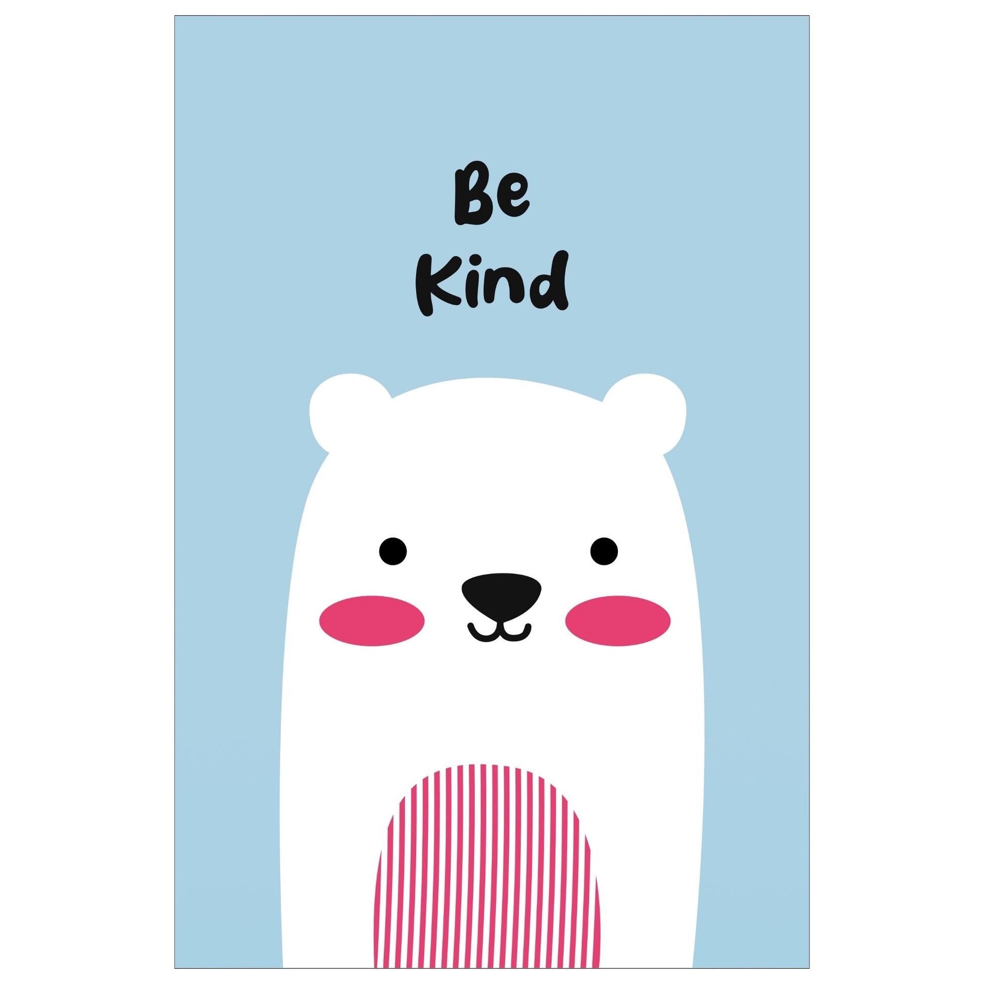 Cartoon Animal. Grafisk plakat for barnerommet. Hvit bjørn på lys blå bakgrunn. Tekst på plakat "Be kind"