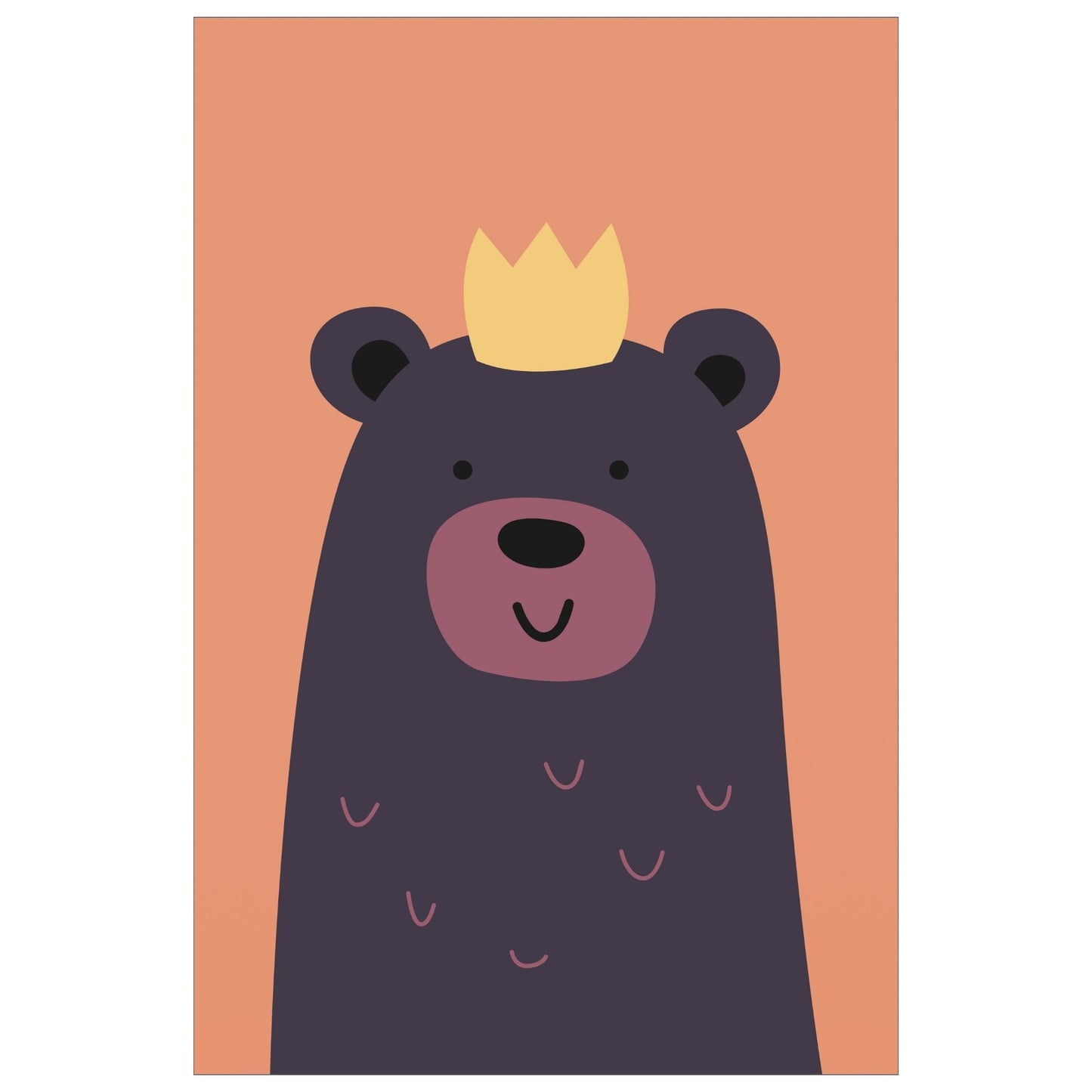Cartoon Animal. Grafisk plakat for barnerommet. Brun bjørn med kongekrone på oransje bakgrunn.