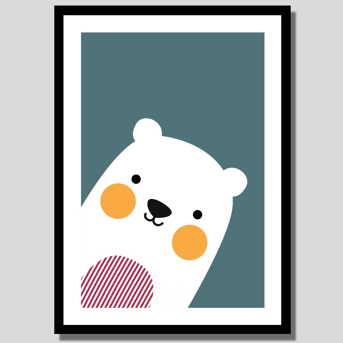 Cartoon Animal. Grafisk plakat for barnerommet. Hvit bjørn på grønn bakgrunn. Illustrasjon av plakat med hvit kant rundt i sort ramme.