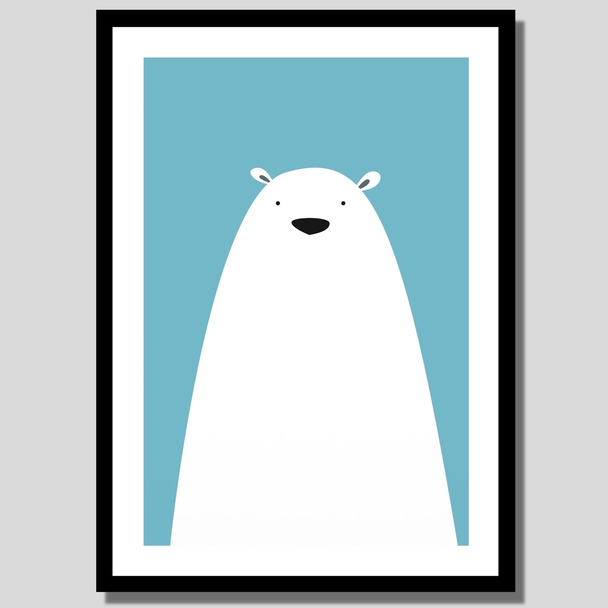 Cartoon Animal. Grafisk plakat for barnerommet.  Hvit bjørn på turkis bakgrunn. Illustrasjon av plakat med hvit kant rundt i sort ramme.