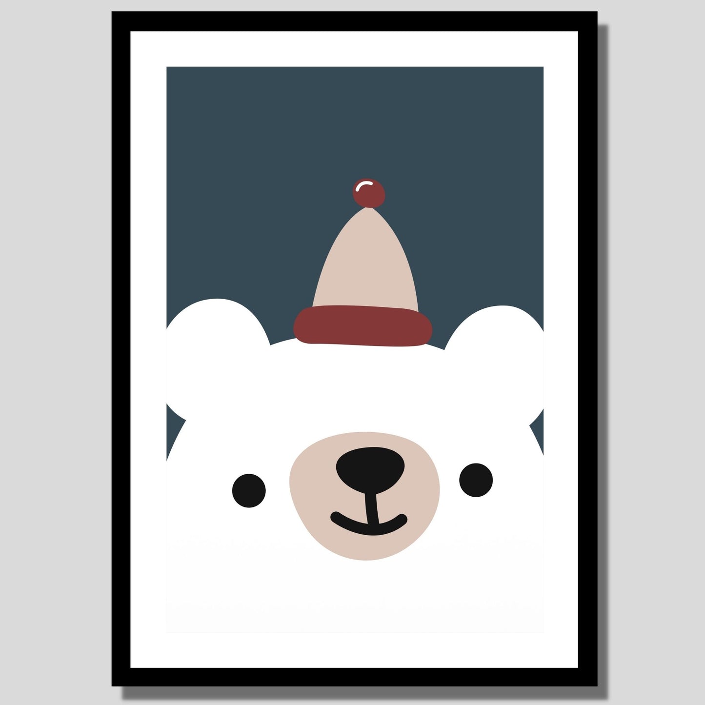 Cartoon Animal. Grafisk plakat for barnerommet.  Hvit bjørn med topplue på mørk blå bakgrunn. Illustrasjon av plakat med hvit kant rundt i sort ramme.
