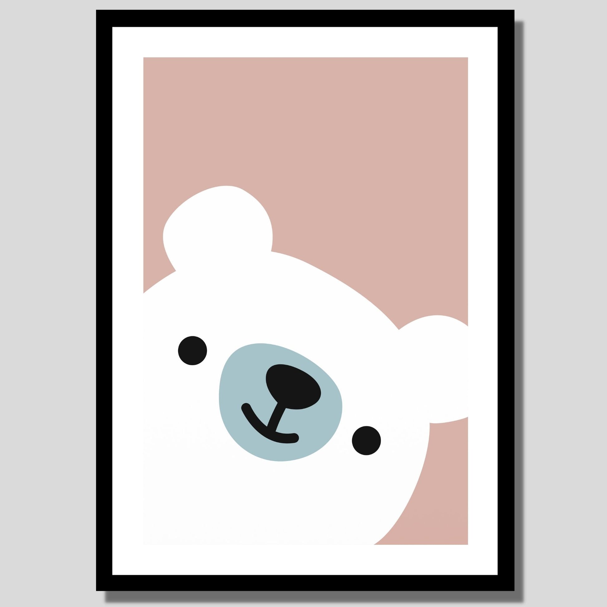 Cartoon Animal. Grafisk plakat for barnerommet. Hvit bjørn på gammelrosa bakgrunn.  Illustrasjon av plakat med hvit kant rundt i sort ramme.