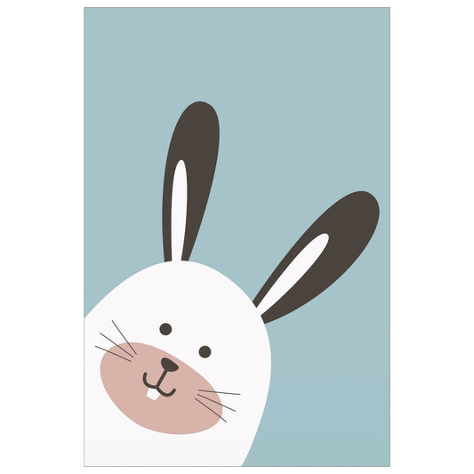 Cartoon Animal. Grafisk plakat for barnerommet. Hvit kanin på lys blå bakgrunn.