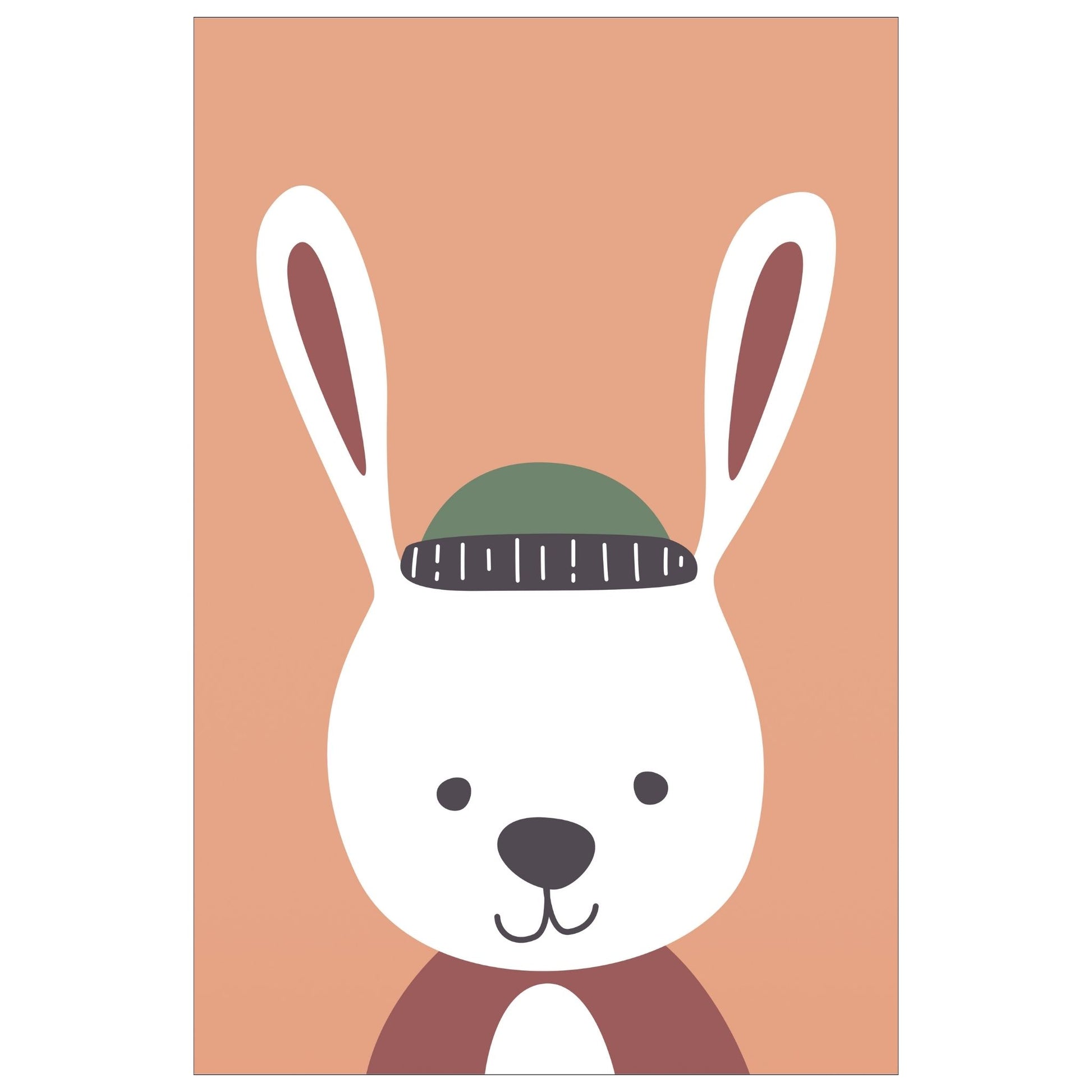 Cartoon Animal. Grafisk plakat for barnerommet. Hvit kanin med lue, på oransje bakgrunn.