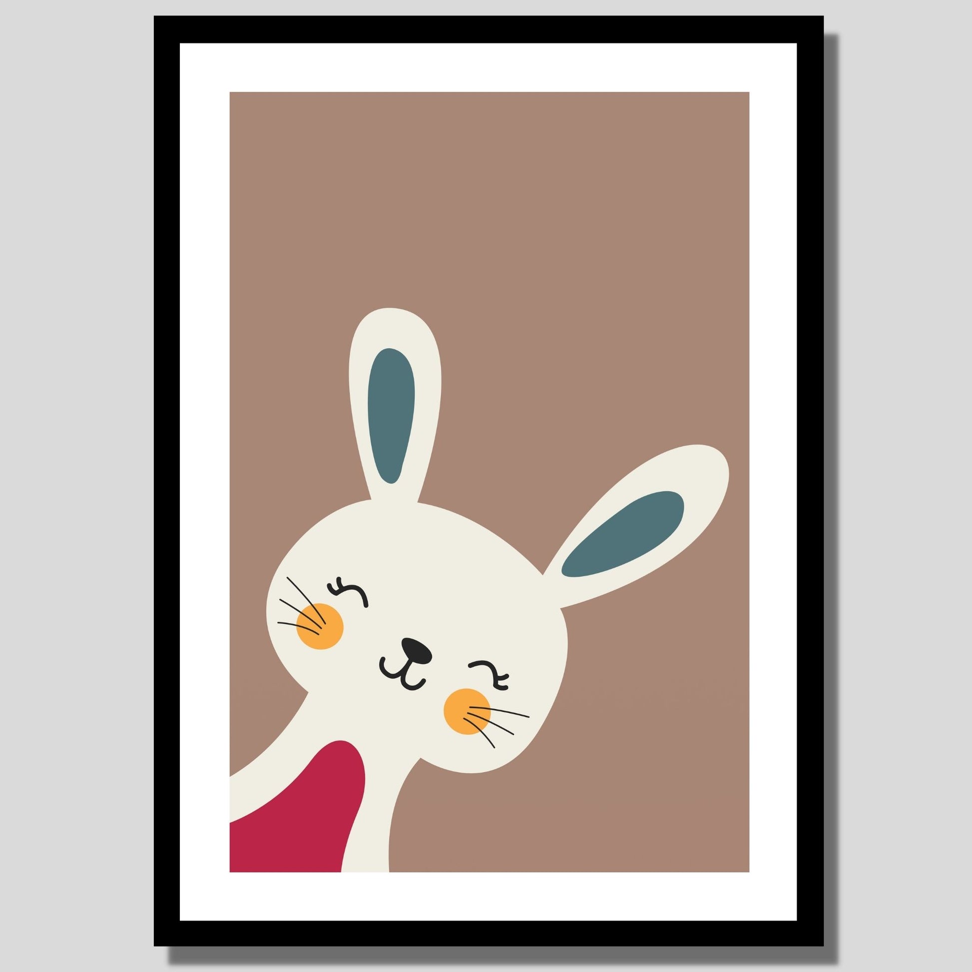 Cartoon Animal. Grafisk plakat for barnerommet. Beige kanin på lys brun bakgrunn.Illustrasjon av plakat med hvit kant rundt i sort ramme.