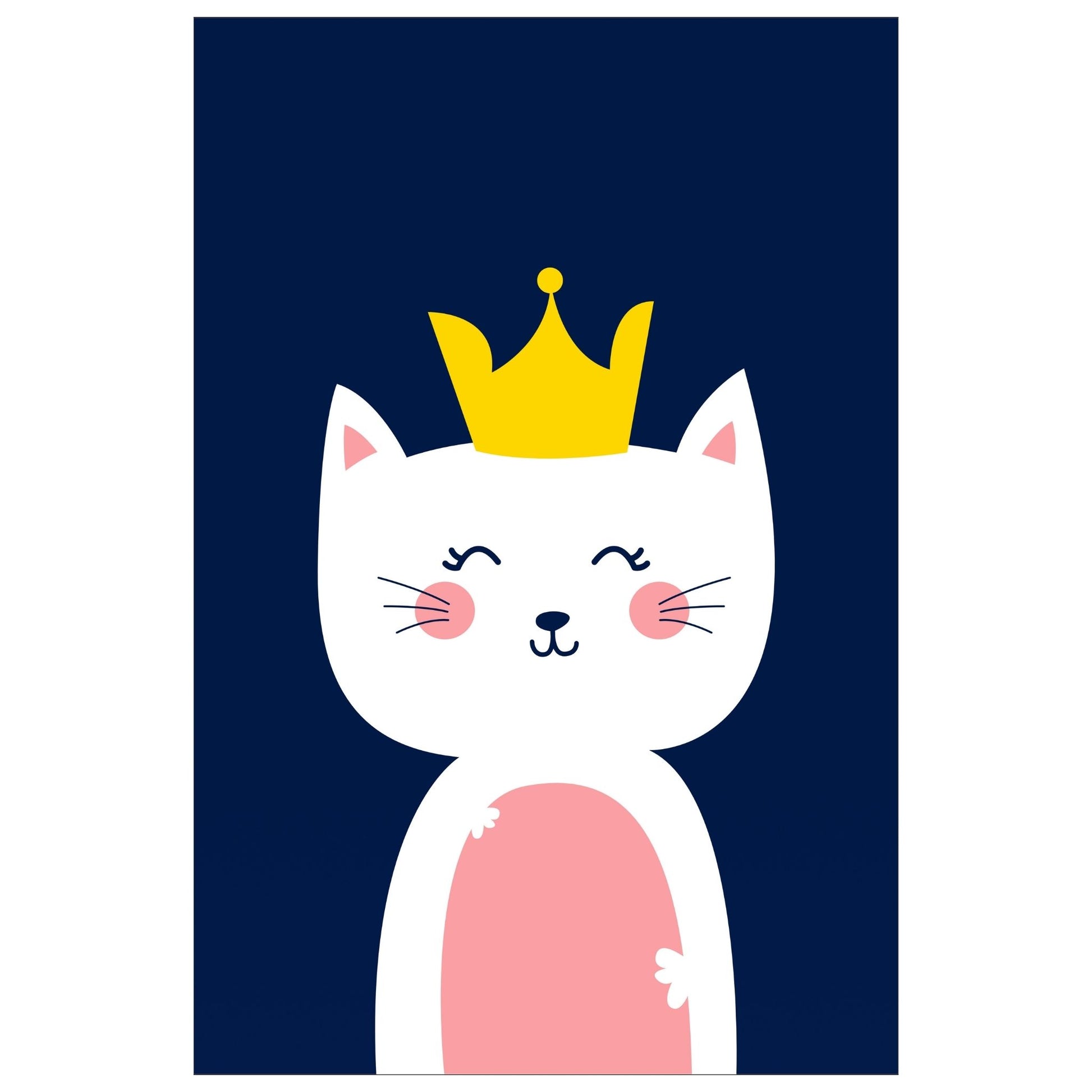 Cartoon Animal. Grafisk plakat for barnerommet. Hvit katt med krone på hode, på mørk blå bakgrunn. 