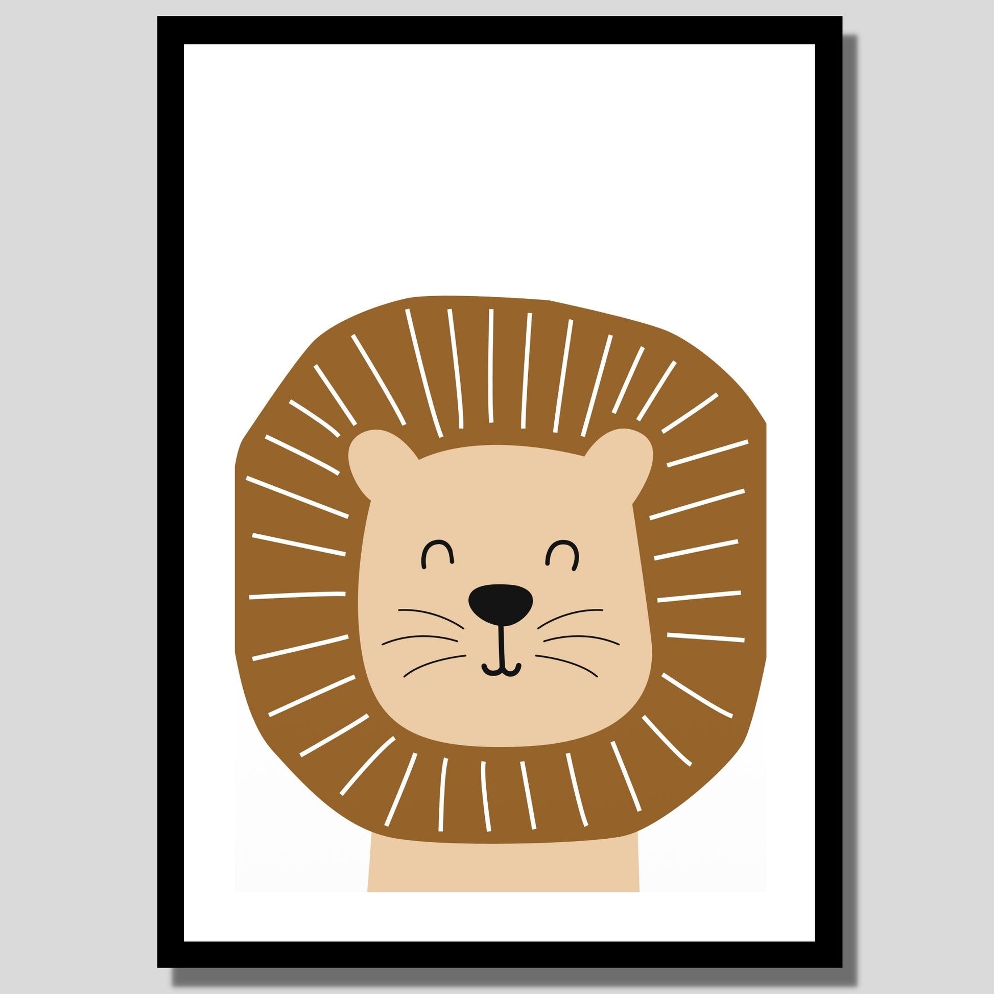 Cartoon Animal. Grafisk plakat for barnerommet. Beige løve på hvit bakgrunn. llustrasjon av plakat med hvit kant rundt i sort ramme.