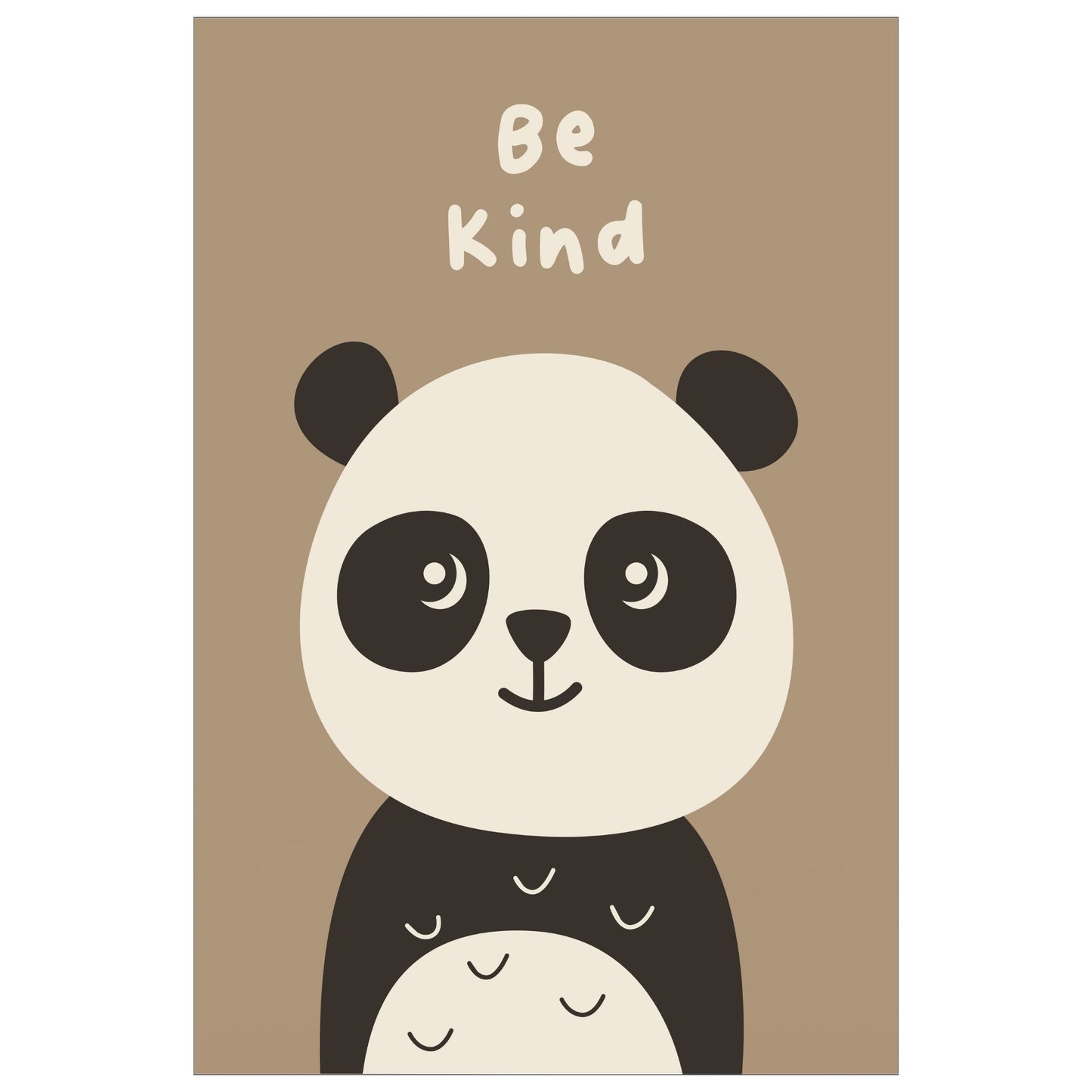 Cartoon Animal. Grafisk plakat for barnerommet. Beige panda på lys brun bakgrunn. Tekst "Be kind".