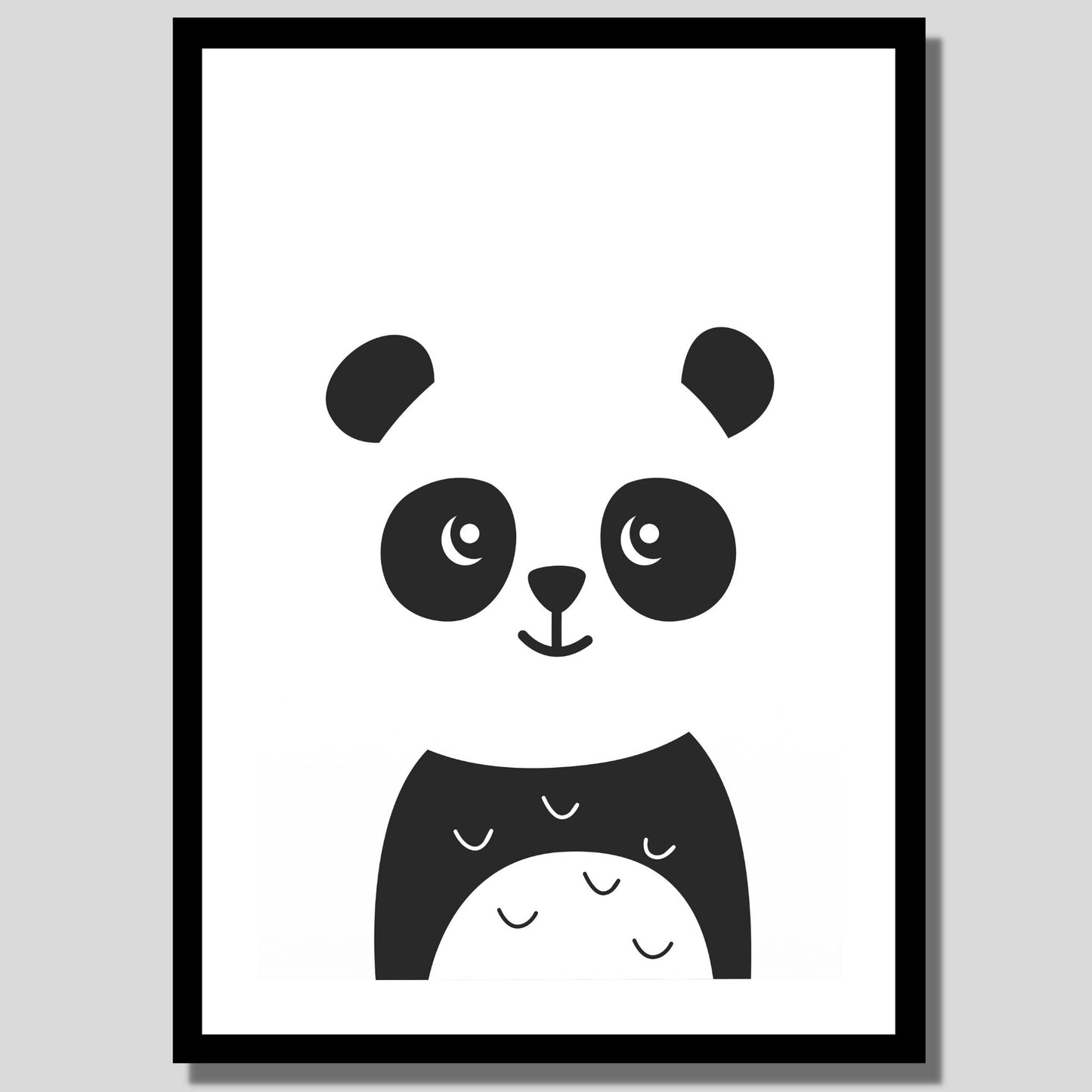 Cartoon Animal. Grafisk plakat for barnerommet. Hvit panda på hvit bakgrunn. llustrasjon av plakat med hvit kant rundt i sort ramme.