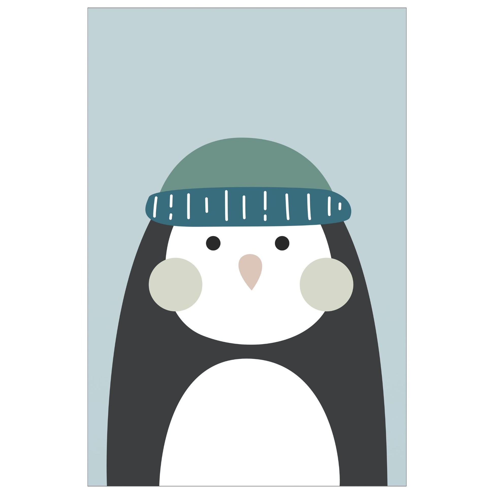 Cartoon Animal. Grafisk plakat for barnerommet. Pingvin med lue, på blågrå bakgrunn. 