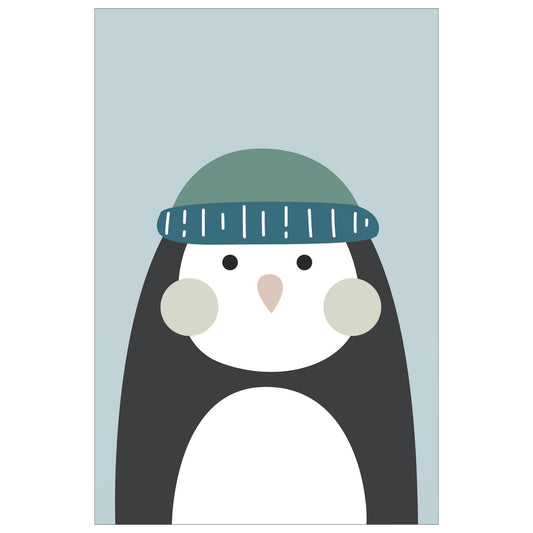 Cartoon Animal. Grafisk plakat for barnerommet. Pingvin med lue, på blågrå bakgrunn. 
