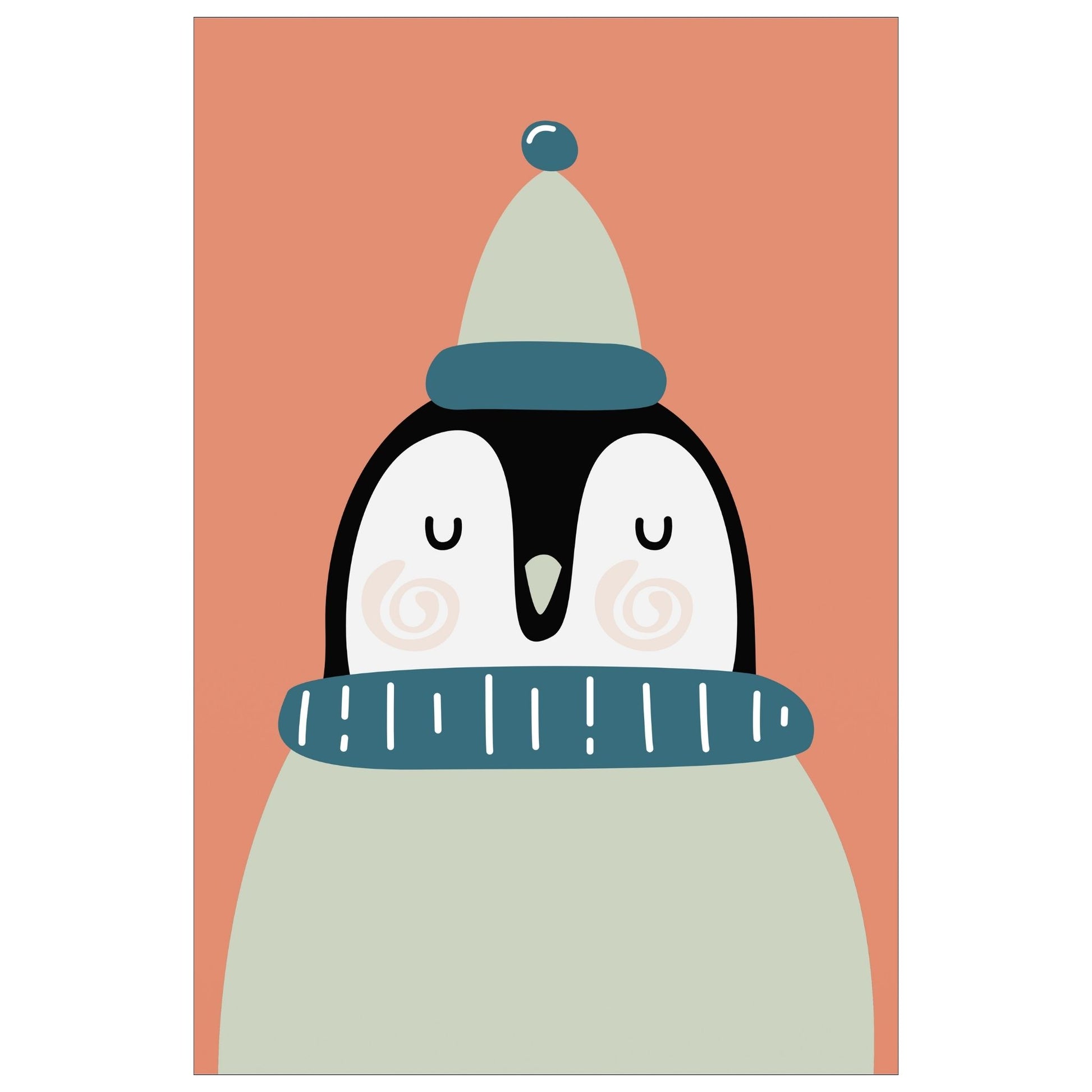 Cartoon Animal. Grafisk plakat for barnerommet. Pingvin med beige genser og topplue, på mørk rosa bakgrunn. 