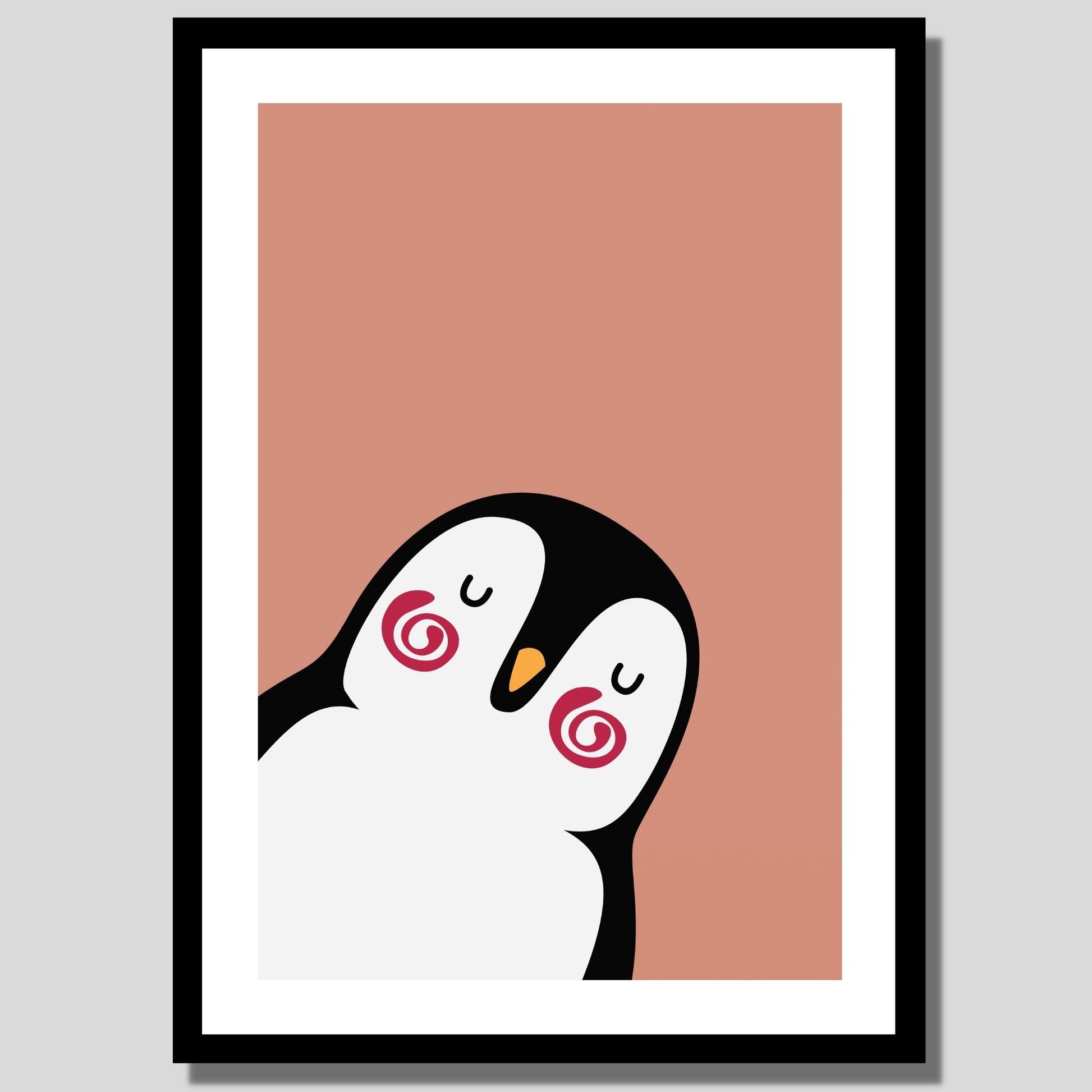 Cartoon Animal. Grafisk plakat for barnerommet. Pingvin på mørk rosa bakgrunn. llustrasjon av plakat med hvit kant rundt i sort ramme.