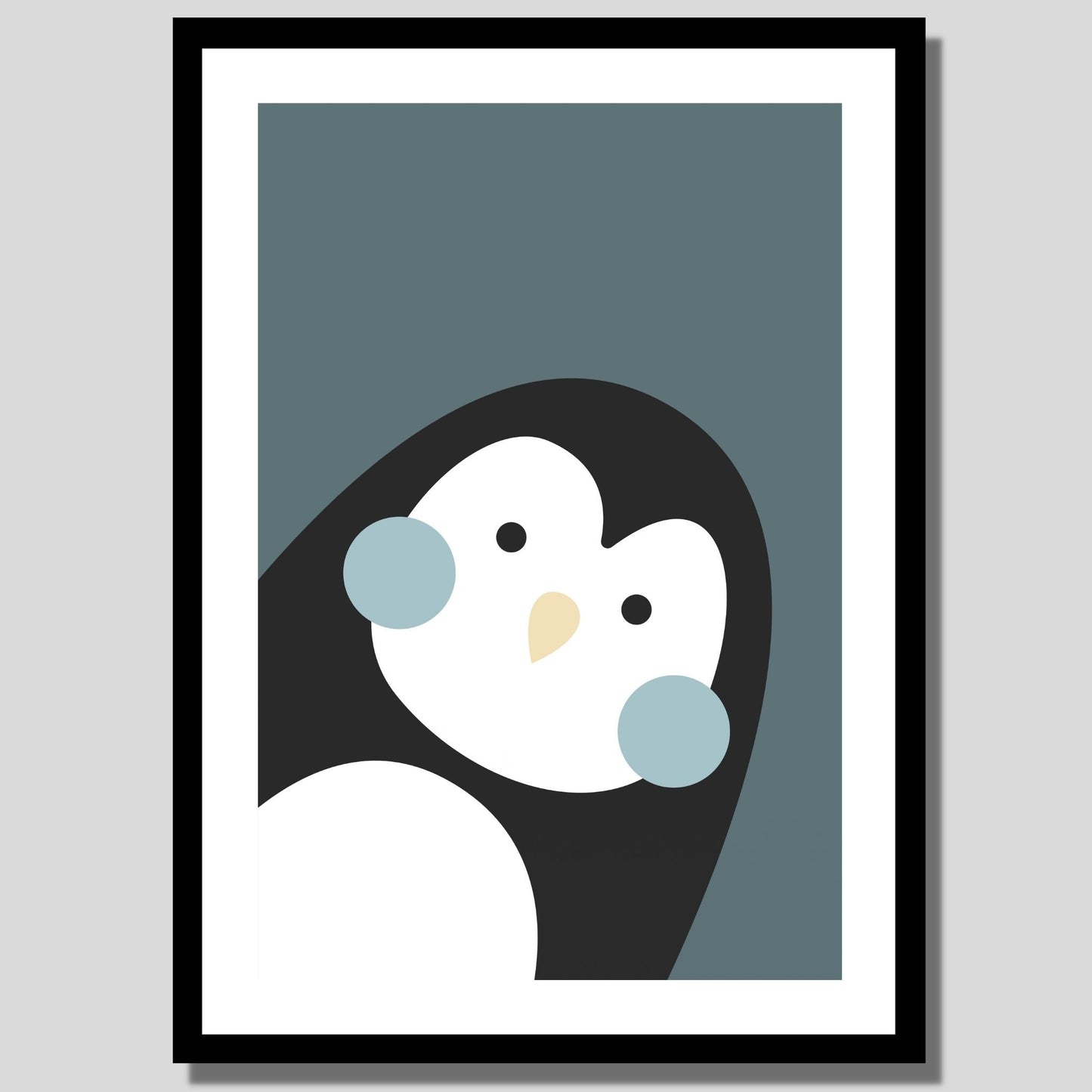 Cartoon Animal. Grafisk plakat for barnerommet. Pingvin på mørk grå bakgrunn. llustrasjon av plakat med hvit kant rundt i sort ramme.