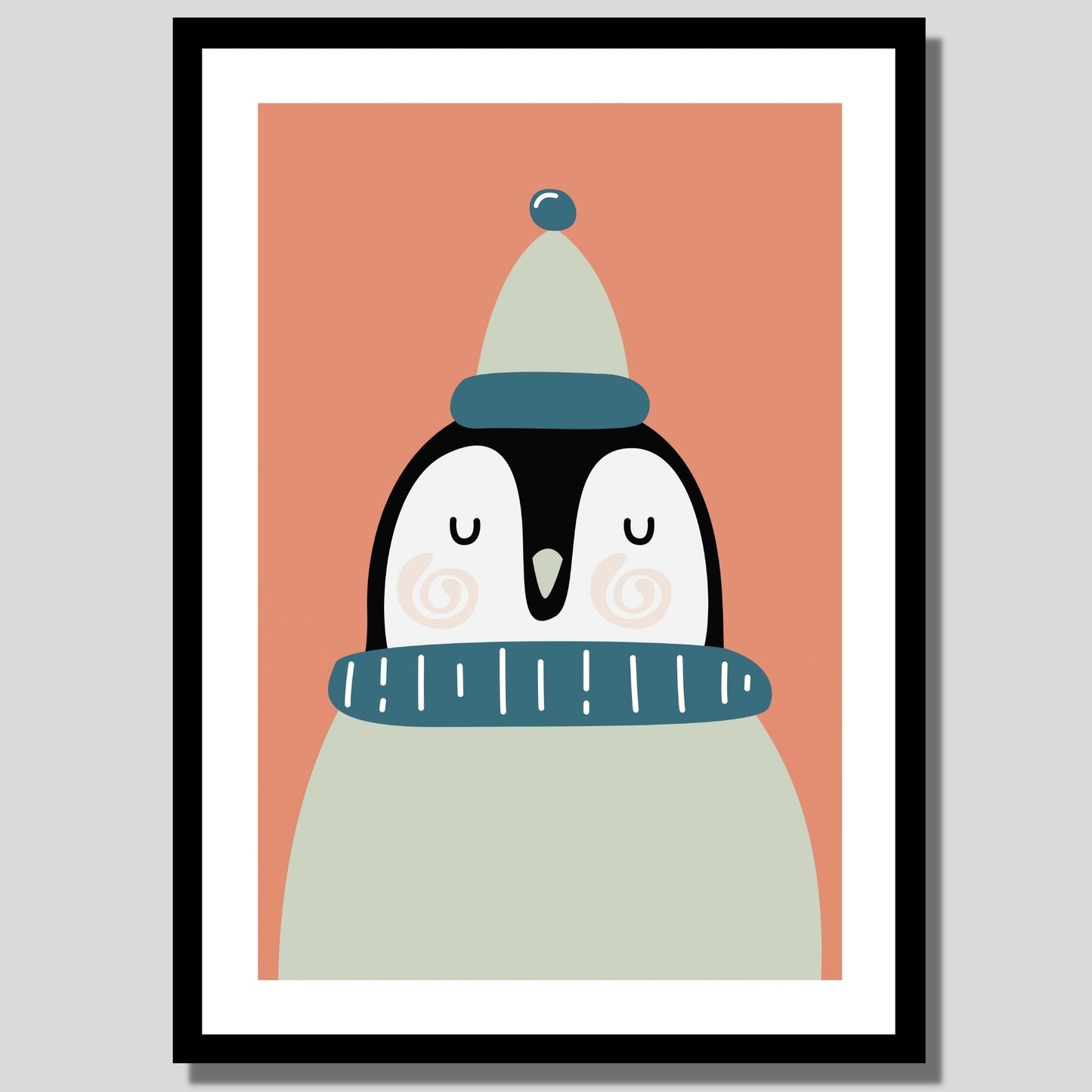 Cartoon Animal. Grafisk plakat for barnerommet. Pingvin med beige genser og topplue på mørk rosa bakgrunn. llustrasjon av plakat med hvit kant rundt i sort ramme.