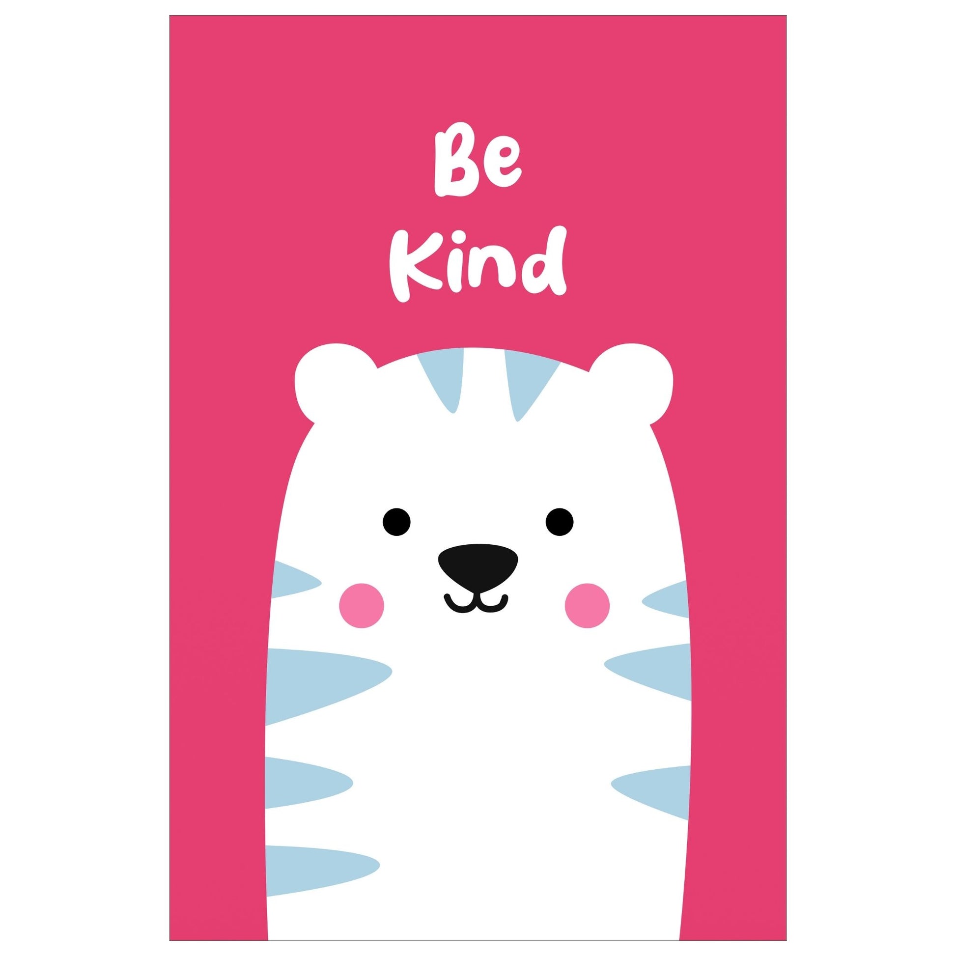 Cartoon Animal. Grafisk plakat for barnerommet. Hvit ttiger på cerise bakgrunn. Tekst "Be kind".