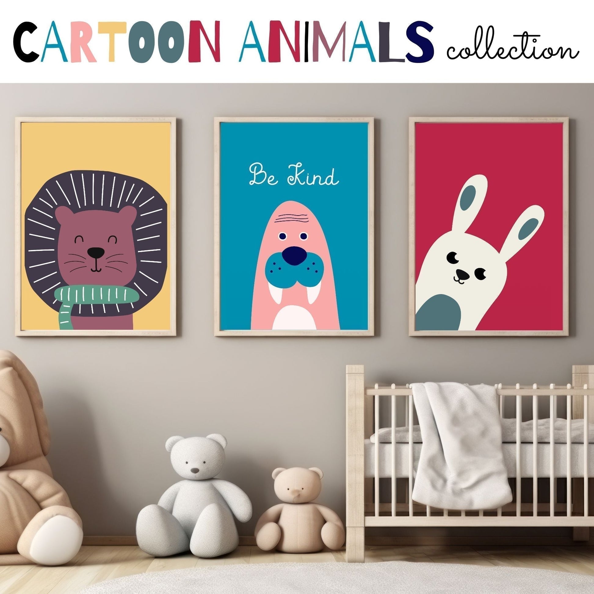 Cartoon Animals. Gafiske plakater for barnerommet. Illustrasjon viser en løve, hvalross og en hare i eikeramme. Plakatene henger på en vegg på et barnerom.