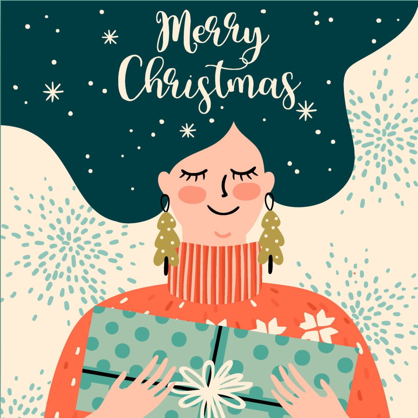 Cartoon julekort - 10pk. Motiv av dame som holder en julgave. Tekst på kort "merry christmas"