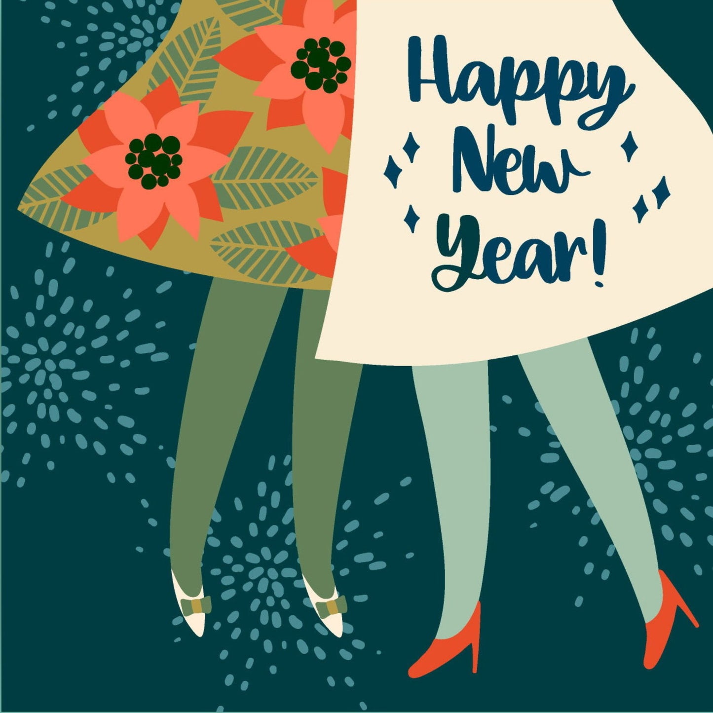Cartoon julekort - 10pk. Motiv av to damer. Tekst på kort "happy new year"
