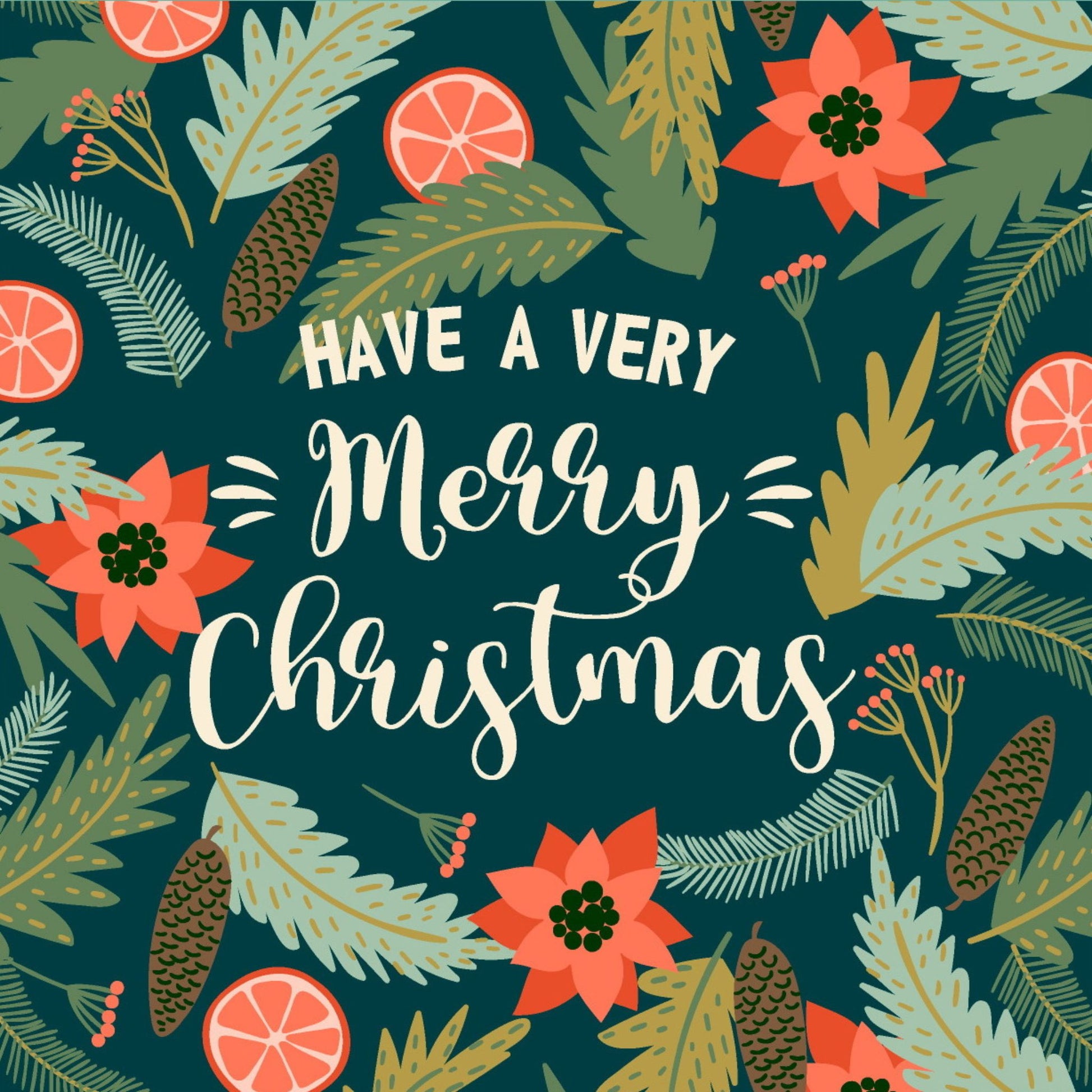 Cartoon julekort - 10pk. Motiv av flere juleblomster på grønn bakgrunn. Tekst på kort "have a very merry christmas"